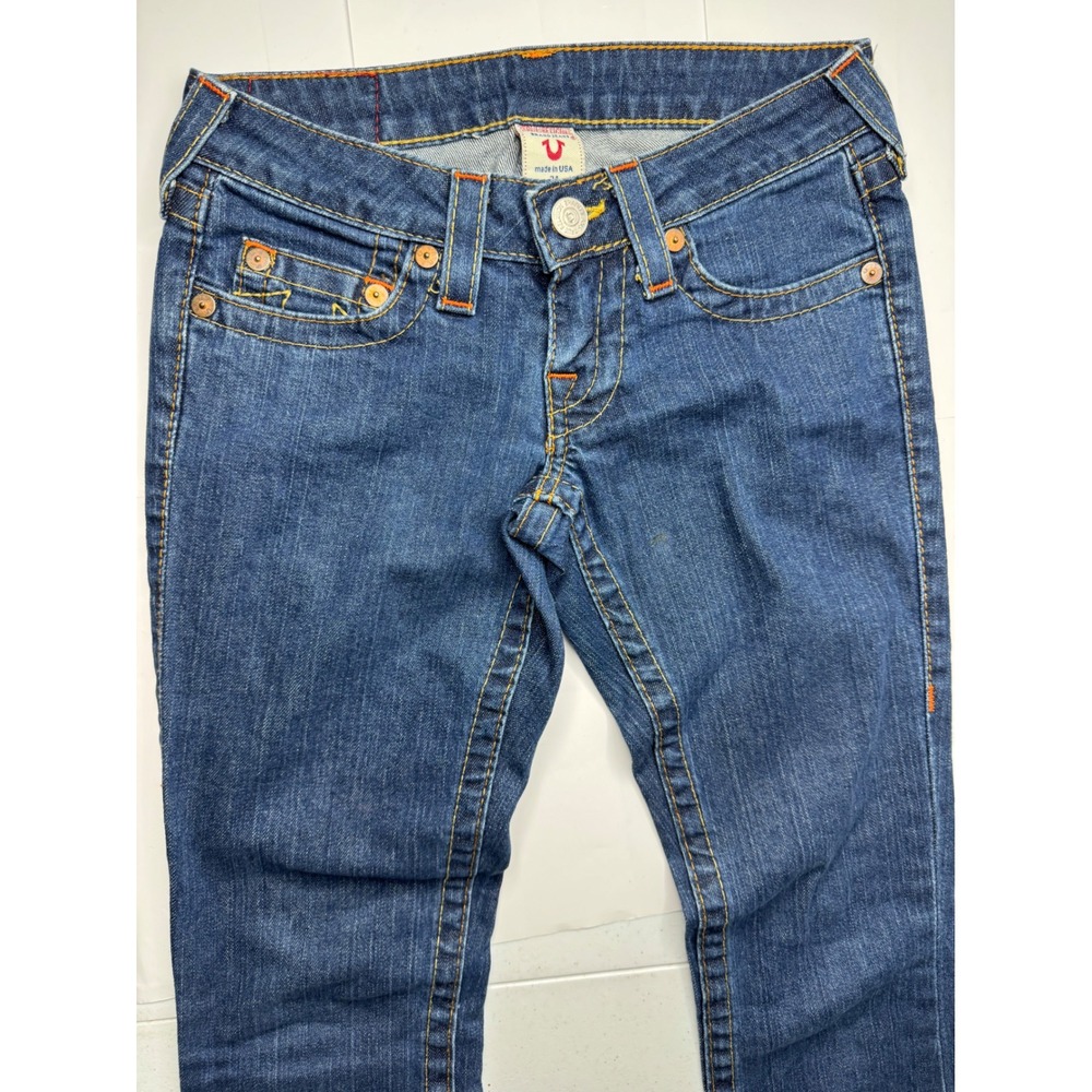 True Religion Joey Low Rise Flare Jeans Blue Denim Orange Stitch Size 24 USA